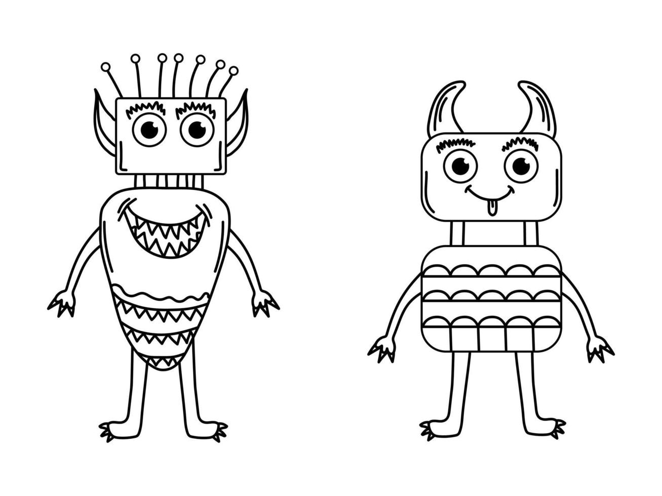 satz lustige niedliche monster, aliens oder geflügelte fantasietiere für kinder, die bücher oder mode färben. hand gezeichnete linie kunstkarikatur-vektorillustration. vektor