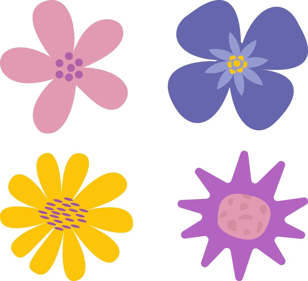 eine Reihe stilisierter Farben, die auf einem weißen Hintergrund hervorgehoben werden. Vektorblumen im Cartoon-Stil, für Grüße, Hochzeiten, Blumendesign, Webdesign. vektor