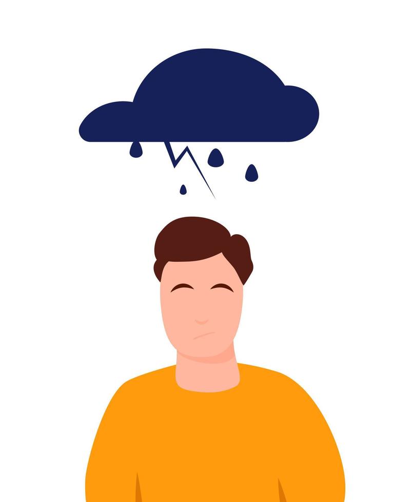 junger manncharakter mit wolkenregen, deprimiertem negativem denken, pessimismus verärgerte stimmung, unglückliches personenkonzept. flache vektorisolierte illustration. negative Emotionen. vektor