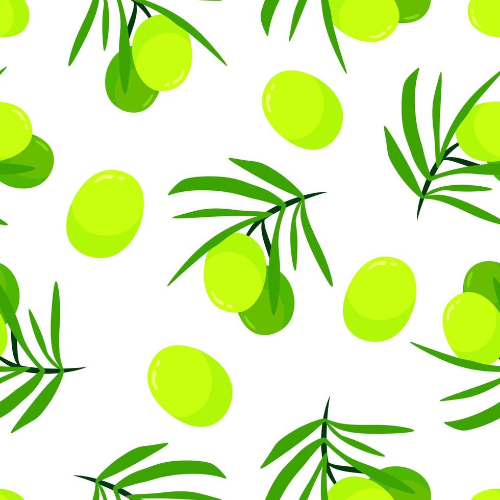 gröna oliver gren tecknade seamless mönster, vektor illustration isolerad på vit bakgrund. färgglada färska ekologiska hälsosamma olivolja koncept. logotyp branding designelement. tyg utskriftsmall.