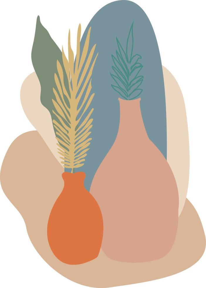 botanische Wandkunst-Vektor-Set. Erdton Boho Laub Strichzeichnungen mit abstrakter Form. abstraktes Pflanzenkunstdesign für Druck, Cover, Tapete, minimale und natürliche Wandkunst. vektor