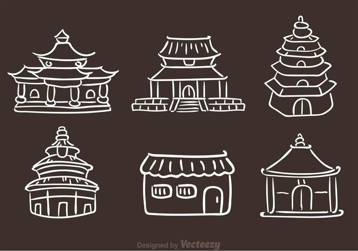 Kinesiska templet Handdragna ikoner vektor