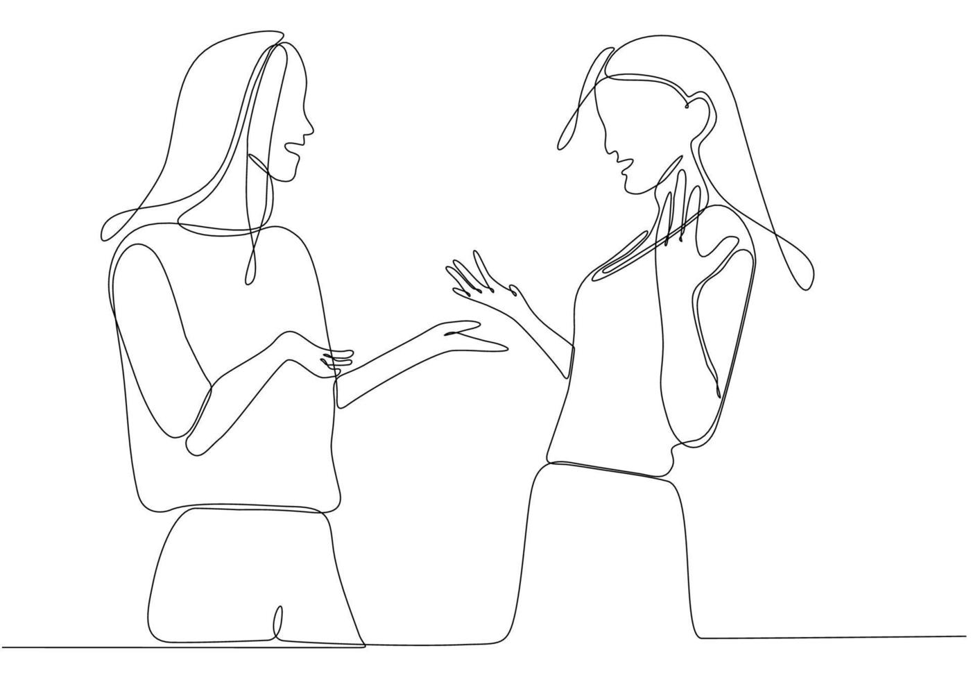 enkel kontinuerlig linje bild av två unga kvinnliga arbetare som chattar avslappnat under kontorsuppehåll. ha småprat på jobbet en rad konceptritning grafisk design vektorillustration vektor