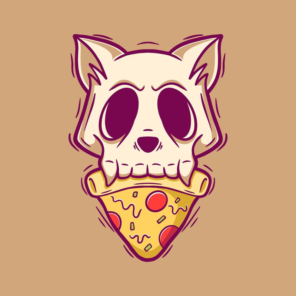 dödskalle katt och pizza tecknad illustration vektor