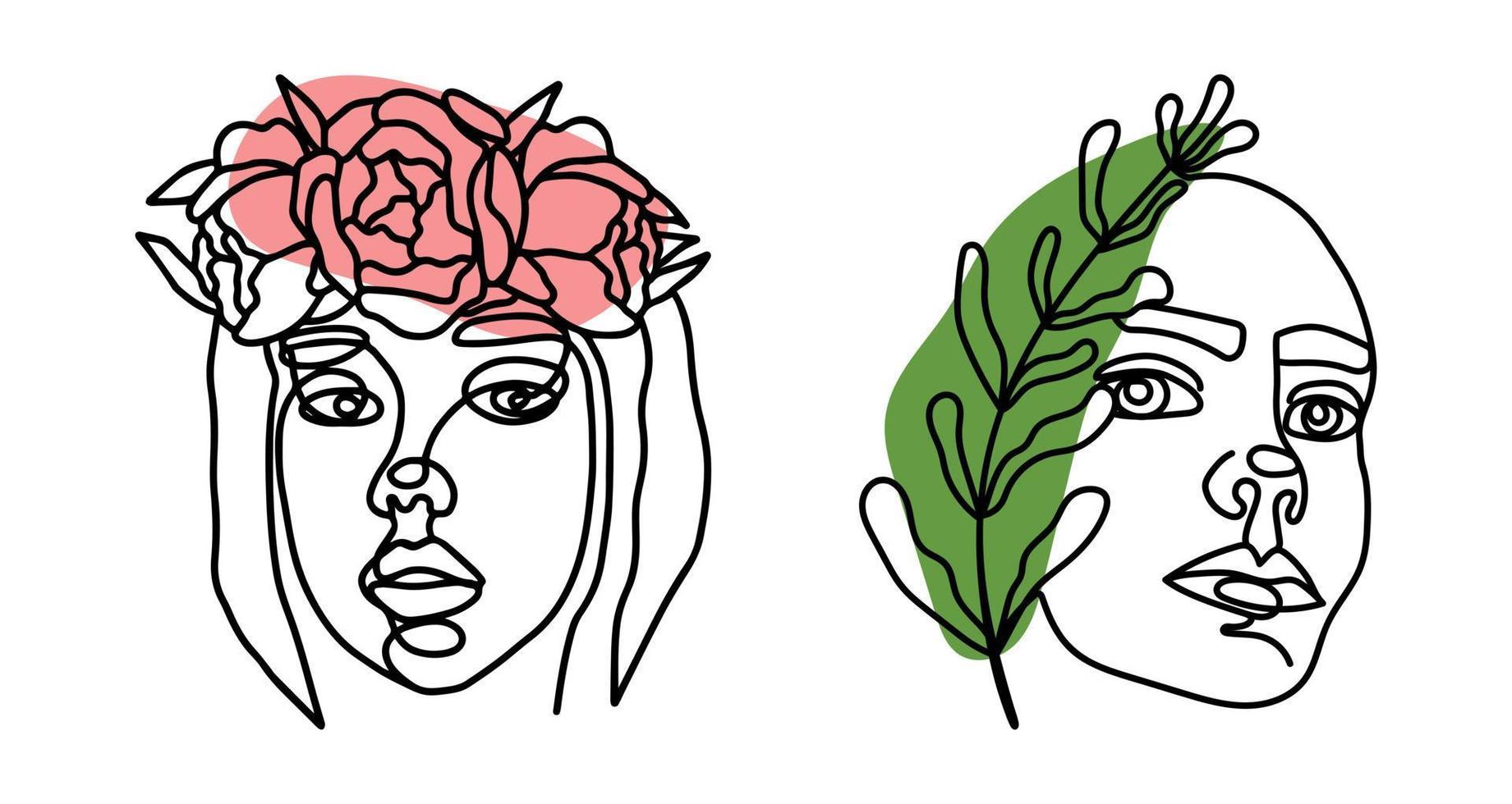 uppsättning av kontinuerlig line art kvinnliga ansikten med löv och blommor. minimalistiska kvinnoporträtt från linjer i en trendig modestil. för tryck på t-shirts. vektor