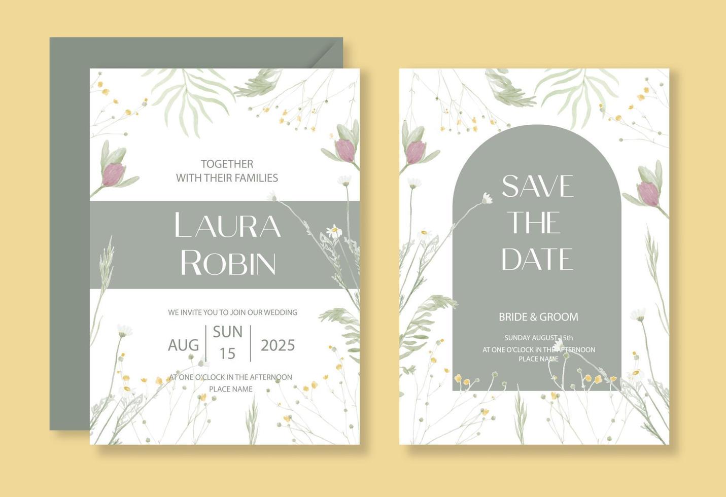 botanisk grönska bröllopsinbjudan mall set med akvarell äng örter och blommor och båge för fest, gratulationskort. vektor
