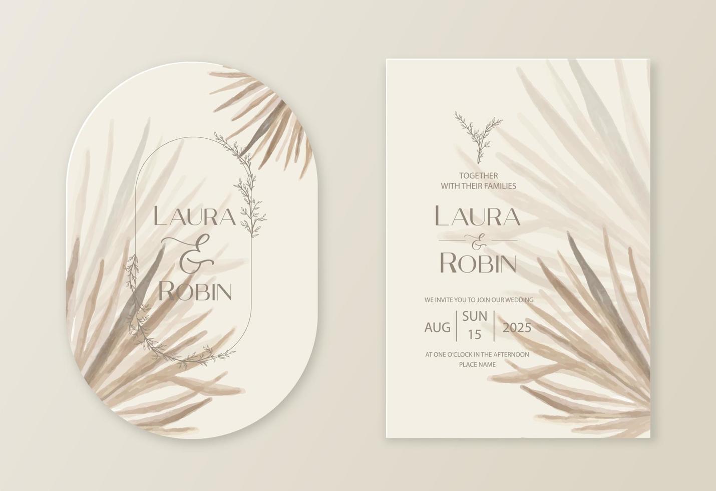 bröllop torkade lunaria, pampas gräs blommig vektor kort. akvarell exotiska torkade blommor, palmblad boho inbjudningsmall. save the date lövverksomslag, modern affisch, trendig design.