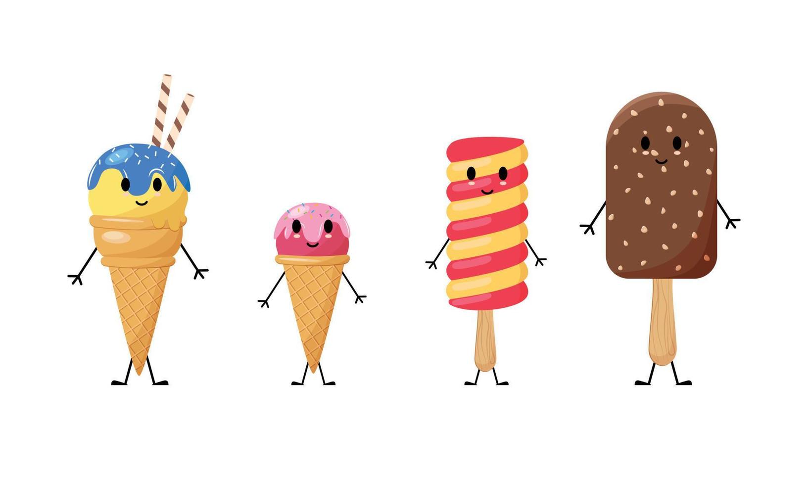 ein Satz von fünf verschiedenen süßen Eiscreme-Smileys auf einem Hintergrund mit Text. Cartoon-Stil. flach, Vektorillustration. vektor