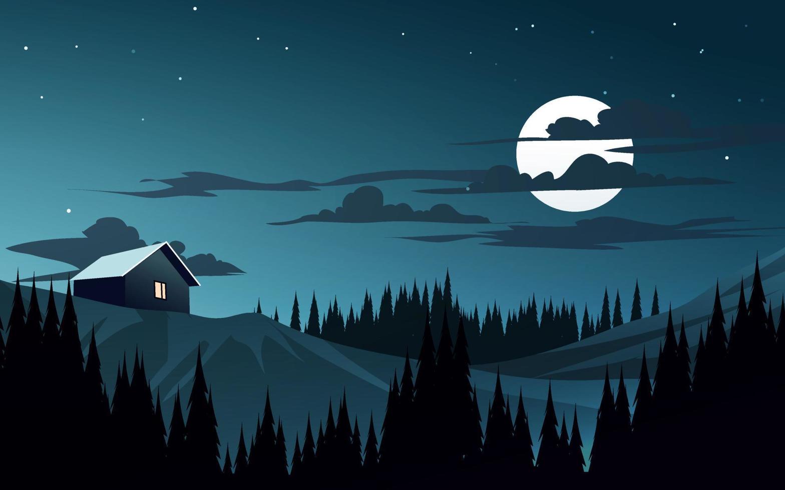 vacker lugn natt på berg med hus på kullen vektor