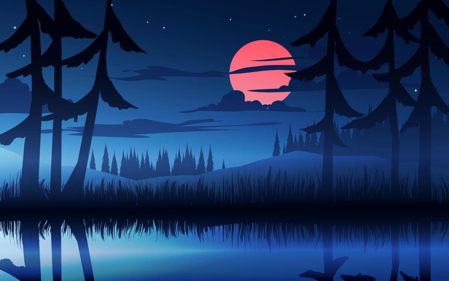 vacker natt i skogen med damm och månsken vektor