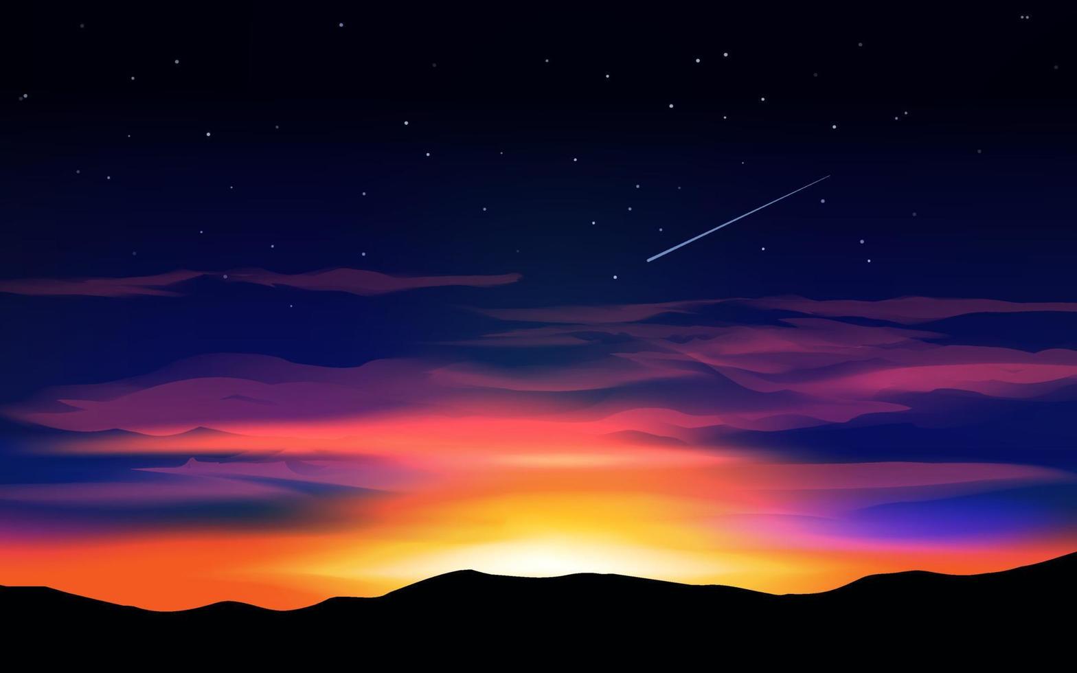 solnedgång i berg med stjärnhimmel vektor