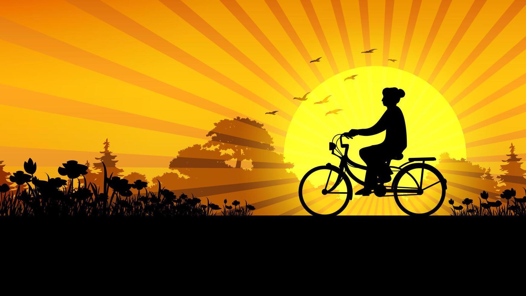 person i siluett cyklar på solnedgången vektor