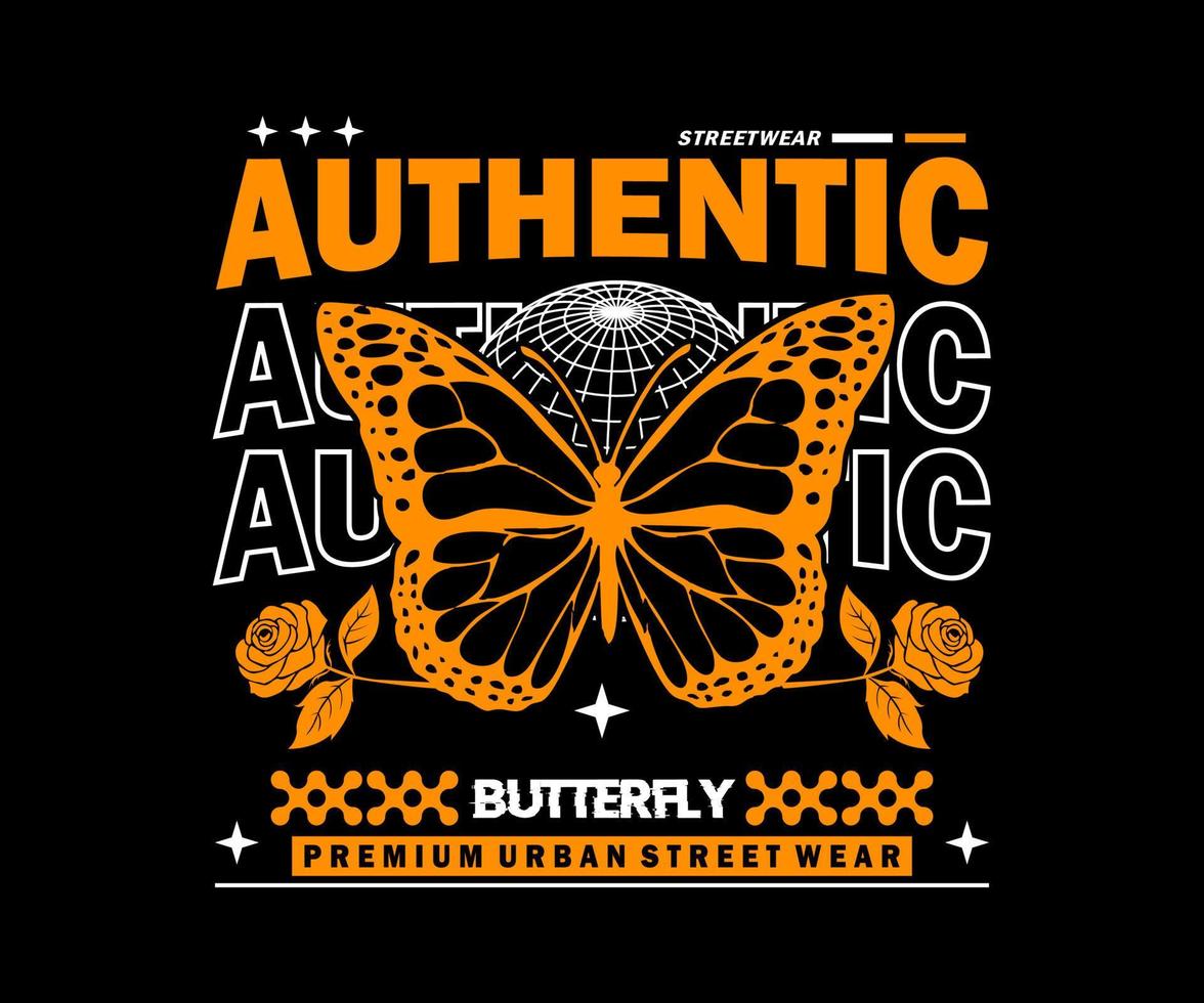 authentischer Schmetterling für Streetwear und urbanes T-Shirt-Design, Hoodies usw. vektor