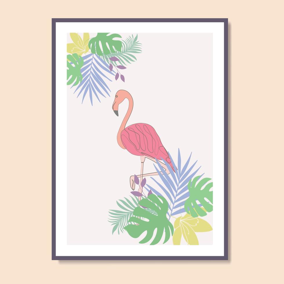 abstrakter flamingo und tropische blätter strichzeichnung wandkunstposter vektor