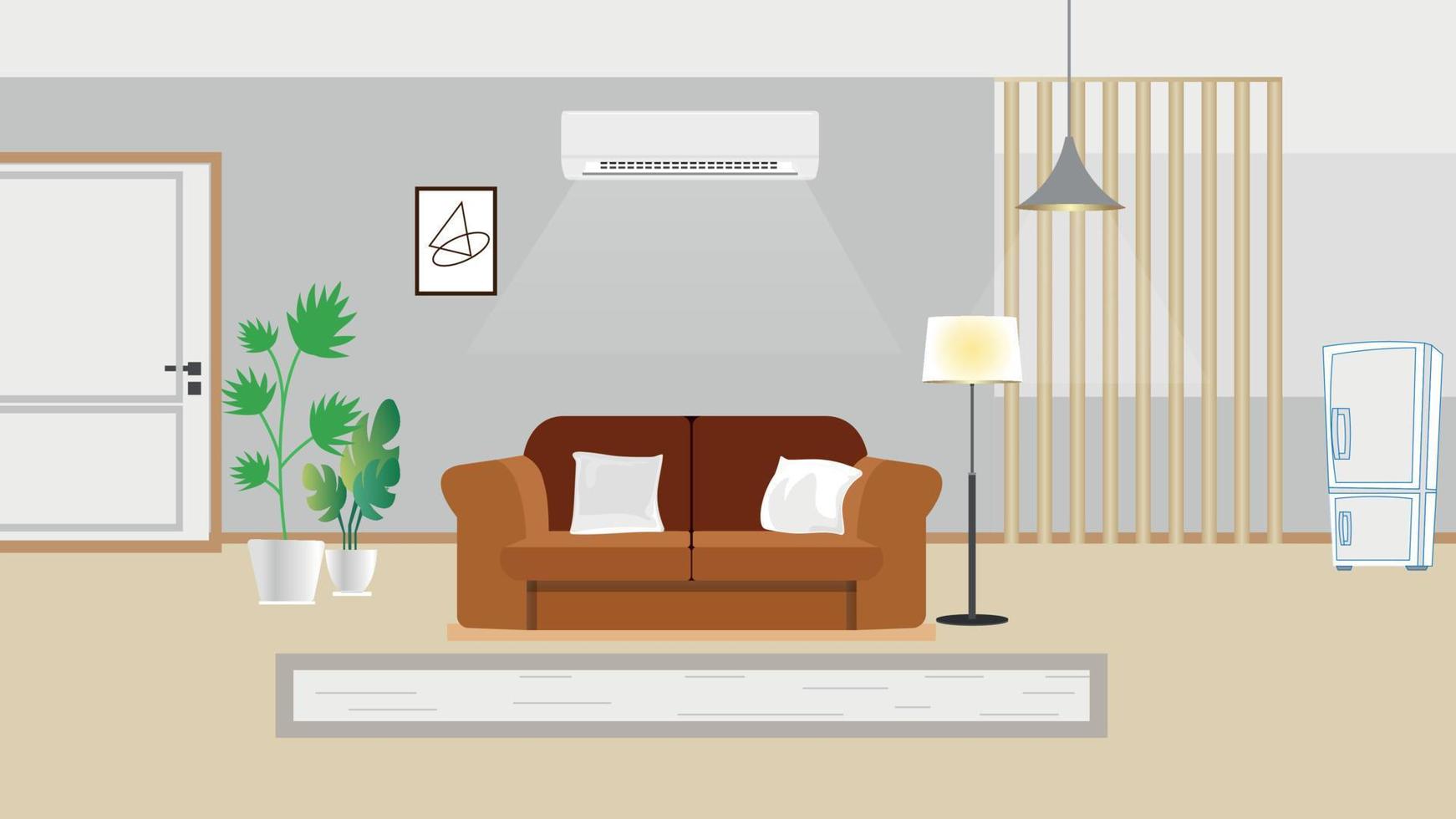 tecknad interiör av ett vardagsrum med soffa, luftkonditionering, full lampa vektor