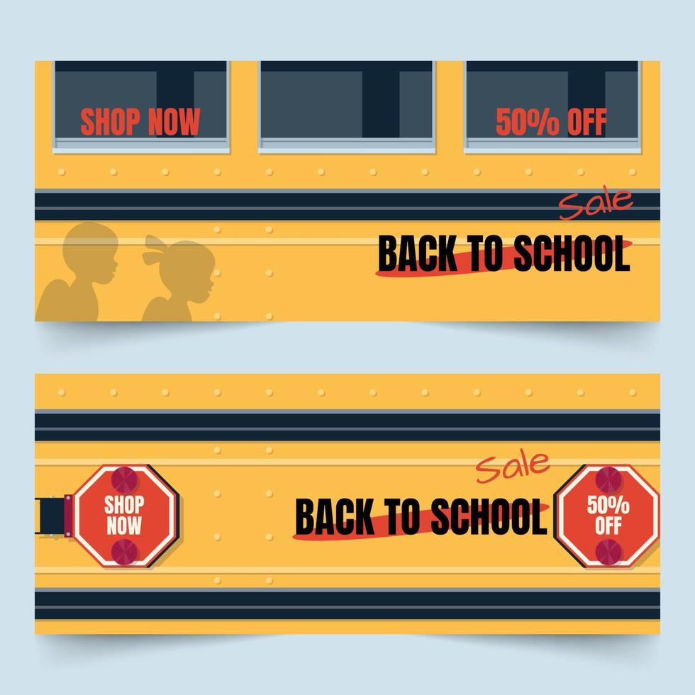 tillbaka till skolan banderoller med sidan del av gul skolbuss och barn skugga vektor