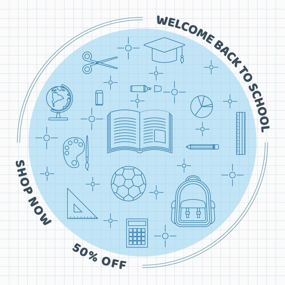 tillbaka till skolan bakgrund med skolan element i linje konst stil på rutnät papper vektor