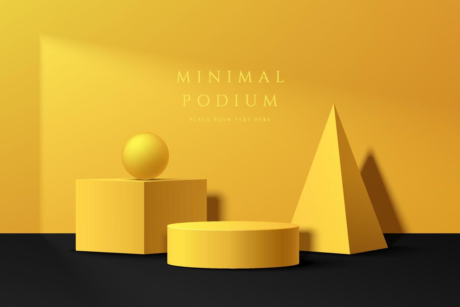 abstrakt 3d rum med realistiska gula geometriska piedestal podiet på svart golv. minimal väggscen för produktpresentation. vektor geometrisk plattform design. scen för showcase.