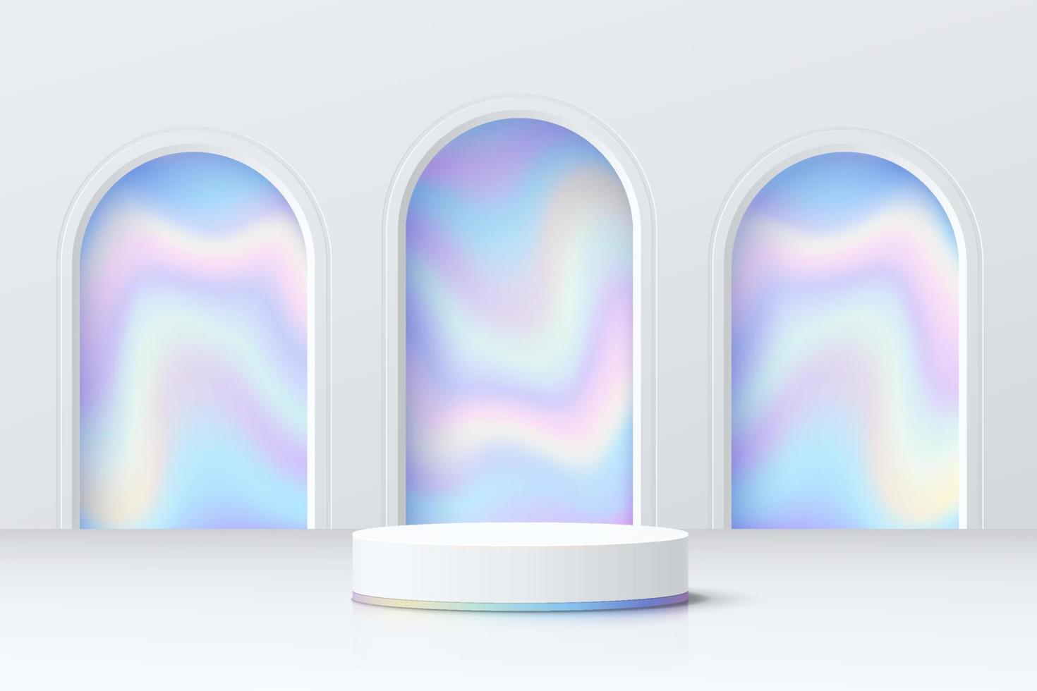 abstrakt 3d-rum med realistisk vit cylinderpiedestalpodium och blått hologram i bågformsfönster. minimal scen för produktpresentation. vektor geometrisk plattform. scen för showcase.