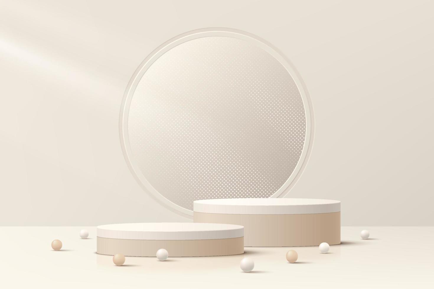 abstraktes realistisches 3d hellbraunes zylinderpodest podium und leuchtender glitzer im kreisfenster. minimale szene für die präsentation der produktpräsentation. vektorgeometrisches Plattformdesign. Bühnenschaufenster. vektor