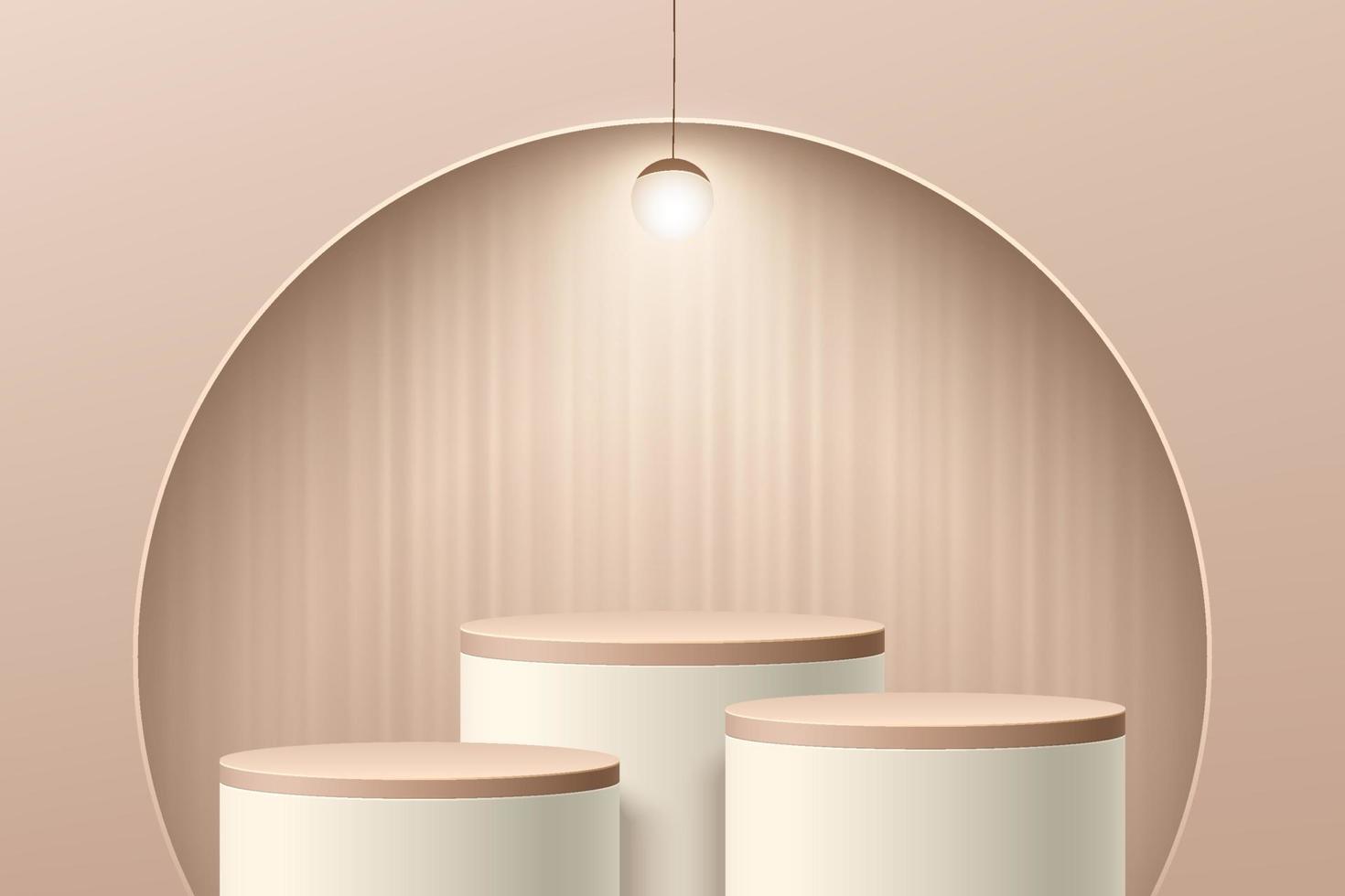 abstrakt beige 3d-rum med cylinderpiedestal eller ståpodium i halvcirkelfönster på väggen. minimal scen för presentation av kosmetiska produkter. vektor geometrisk rendering plattform design