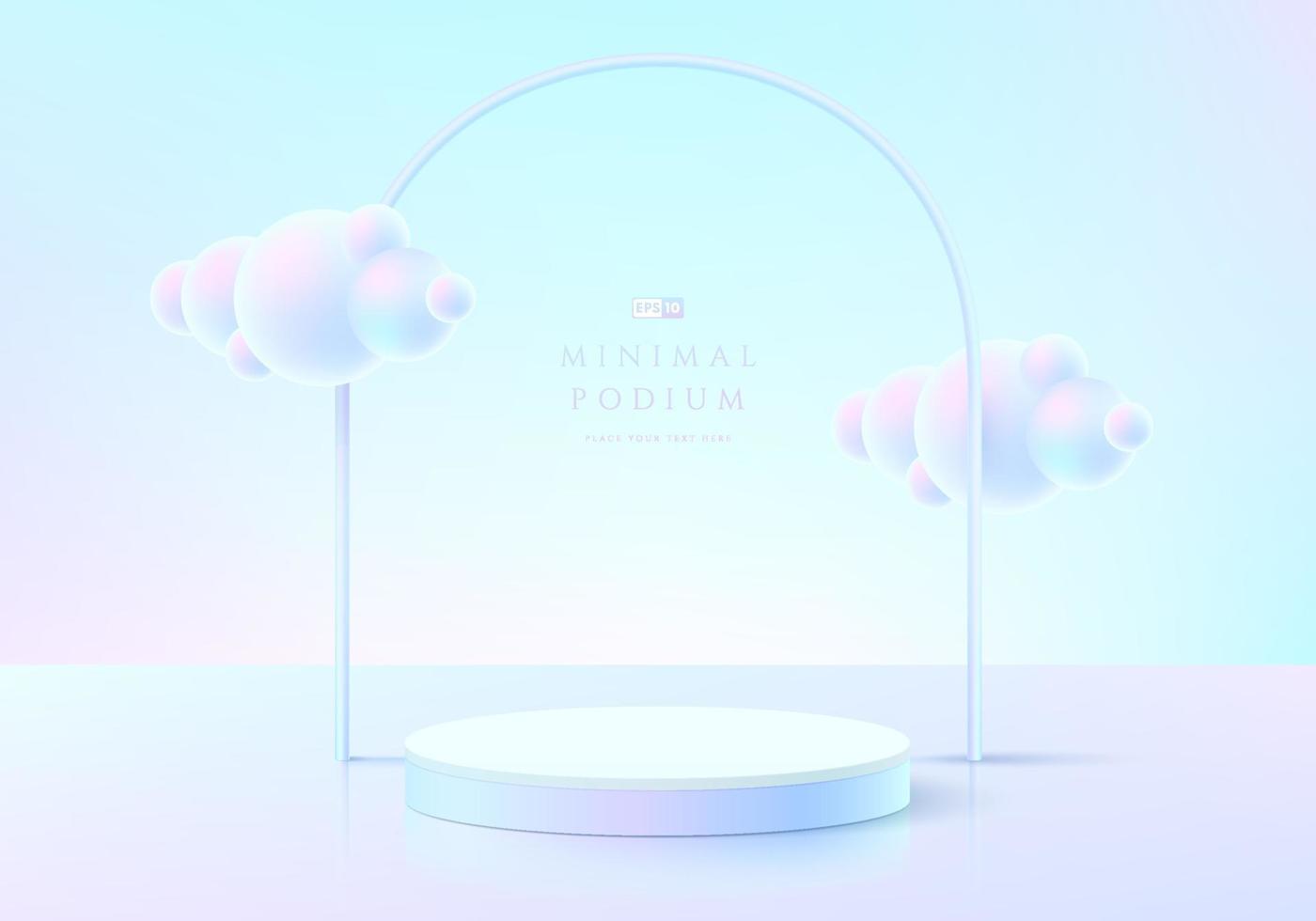 abstrakter 3d-raum mit realistischem rosa und blauem hologramm-farbzylinderpodium. Pastellwolken fliegen. Minimale Wandszene für Mockup-Produktpräsentation. Vektorgeometrische Formen. Runde Bühne für Vitrine. vektor