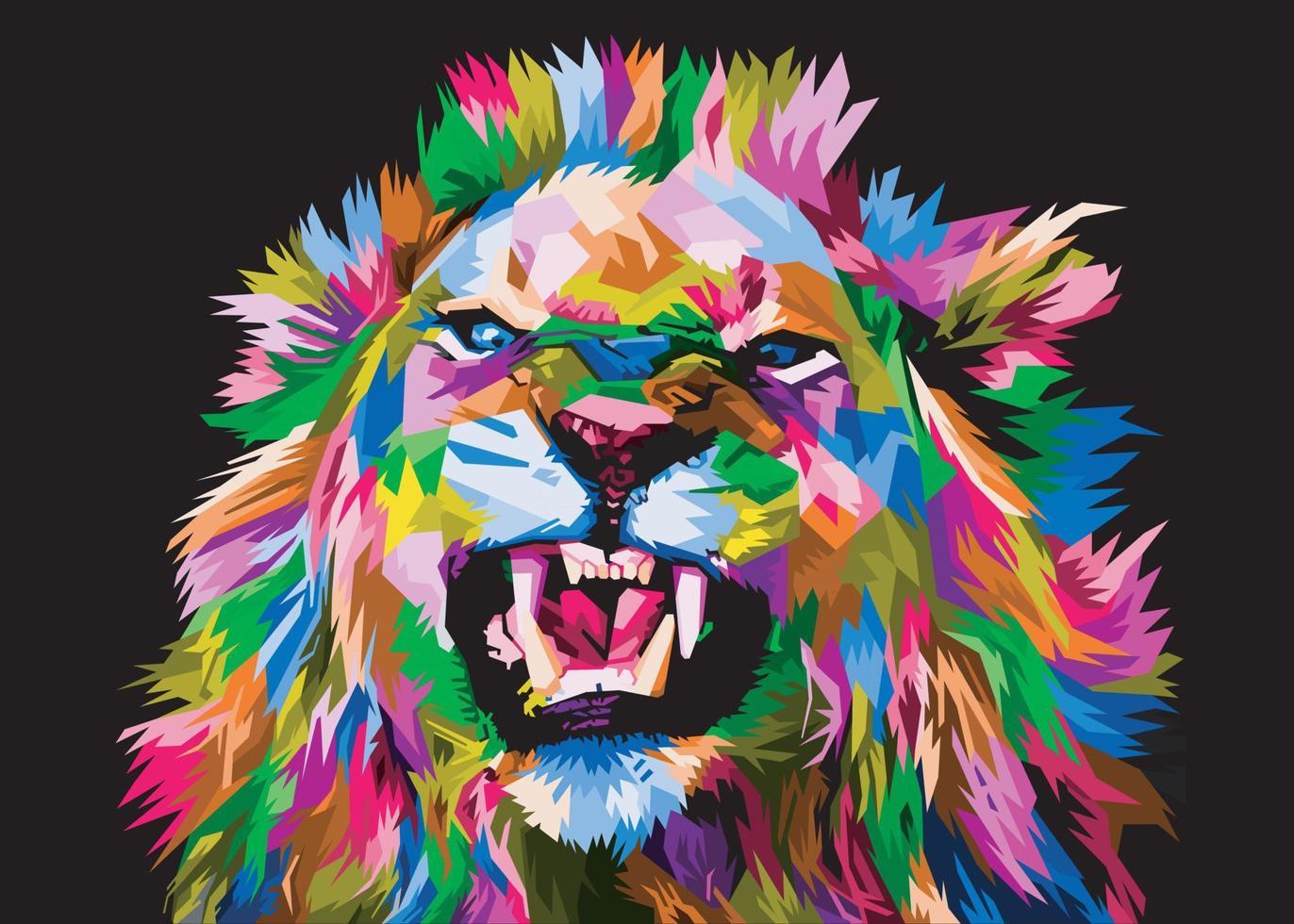 färgglada lejonhuvud på popkonststil isolerad med svart bakgrund vektor