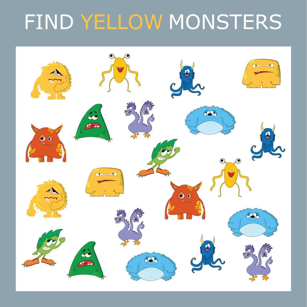 hitta den gula monsterkaraktären bland andra. letar efter gult. logikspel för barn. vektor