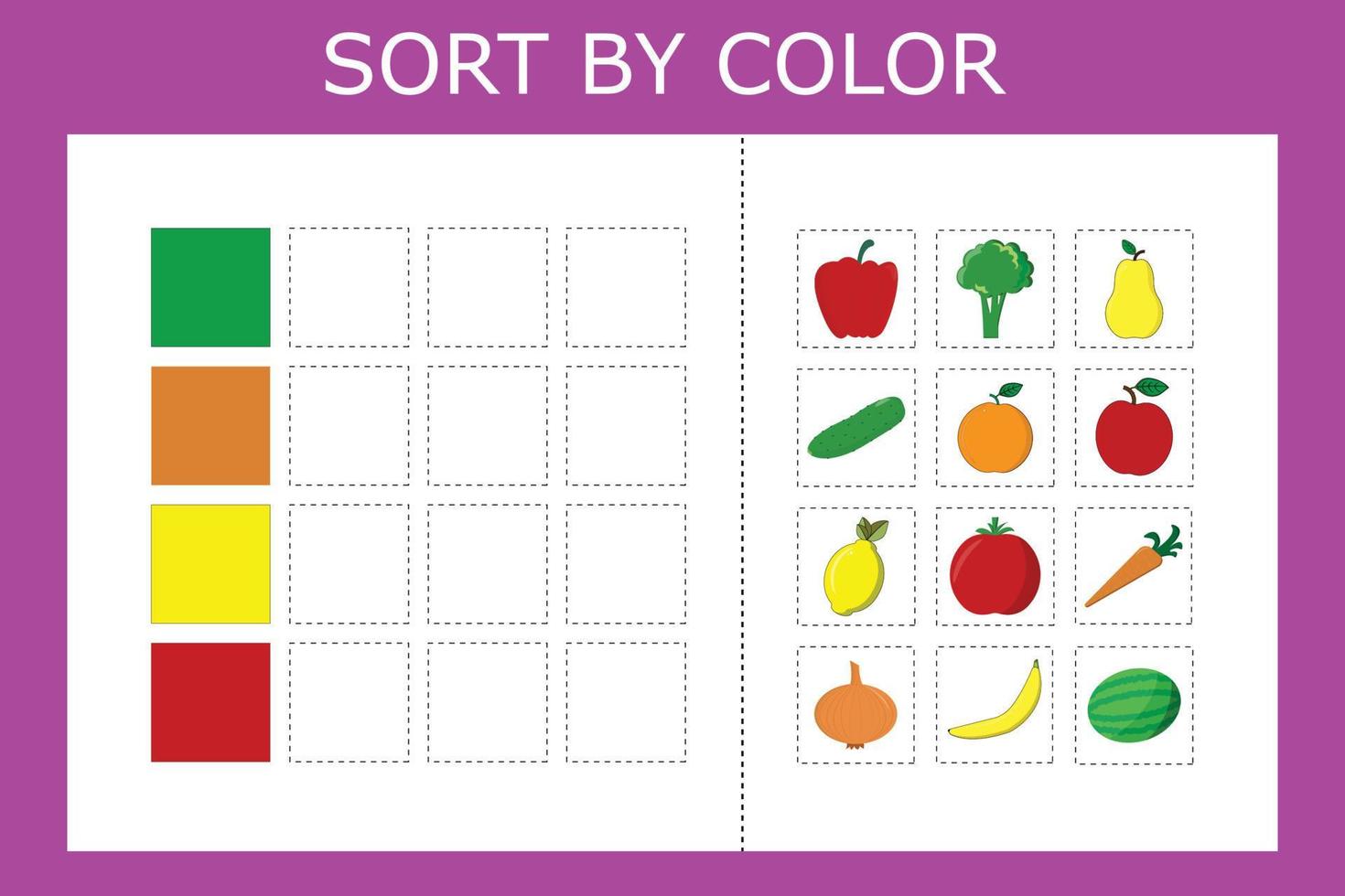 koppla ihop namnet på färgen och karaktären på grönsakerna och frukterna. logikspel för barn. vektor