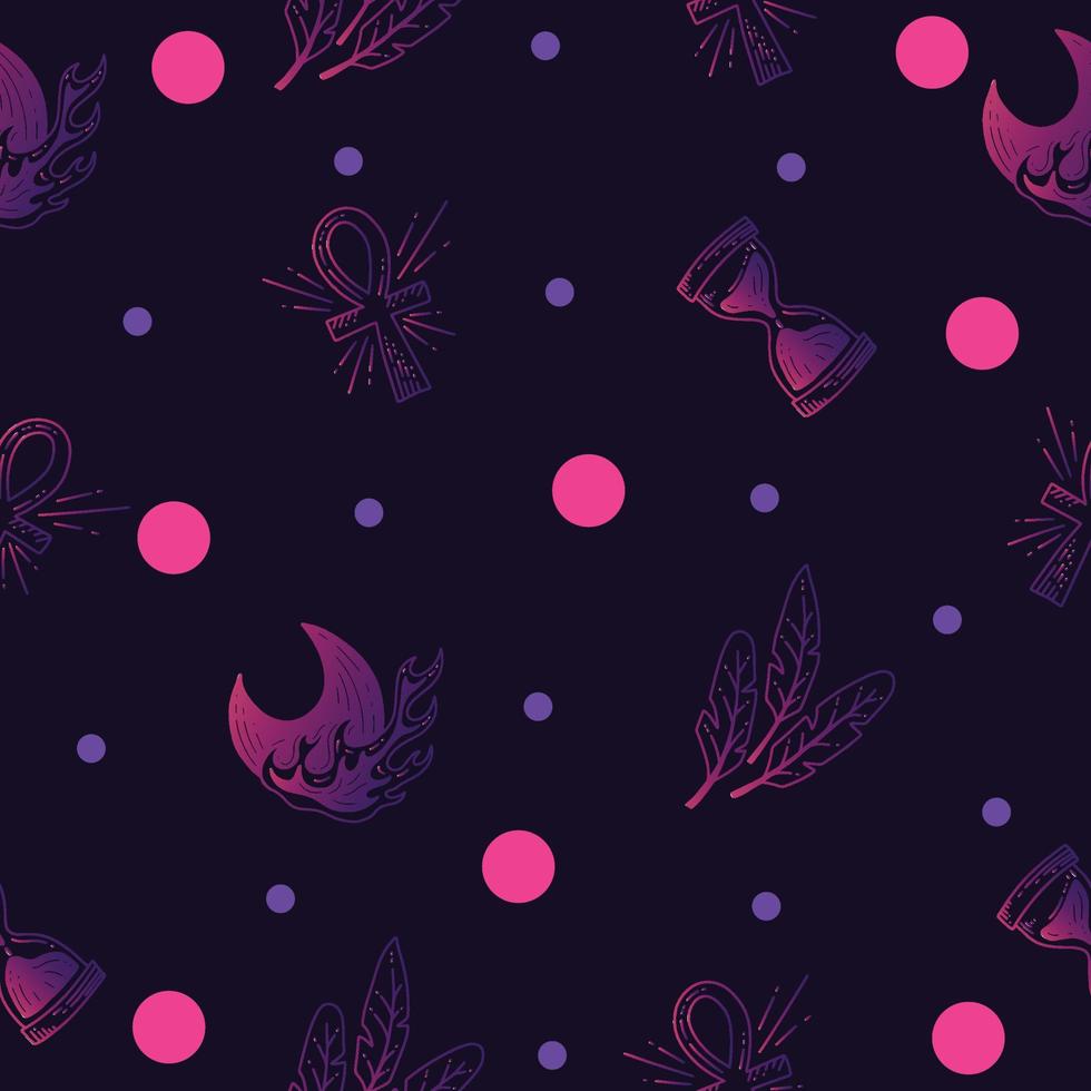 set nahtloses muster lila mystisch himmlisch einfacher minimalismus tätowierungssymbol mit rosa kreis objektraum gekritzel esoterische elemente vintage illustration dunkelviolett. vektor