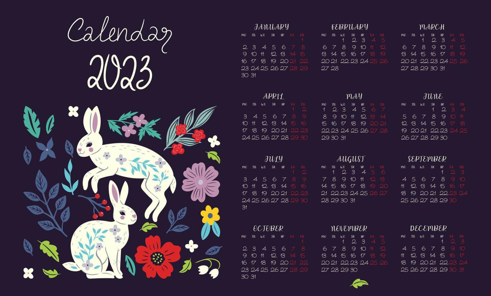Kalender für das Jahr 2023 des Kaninchens. Vektorgrafiken. vektor