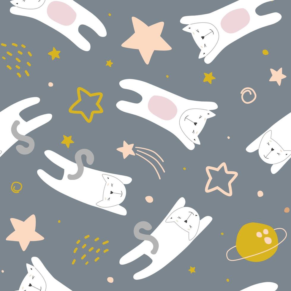 Nahtloses Muster mit Sternenhimmel, Planeten und fliegenden Katzen. süßer abstrakter Kinderdruck mit Weltraumtieren. Vektorgrafiken. vektor