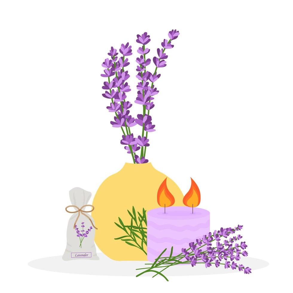 lavendelblommor i en gul vas med ett ljus. lavendel doft för car.vector illustration vektor