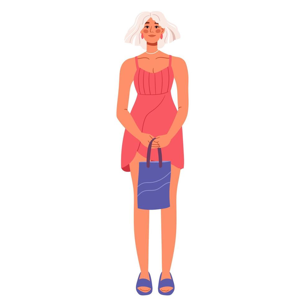 moderne frau, die modesommerkleidung und tasche trägt. blonde Frau in stilvollem Kleid, Flip-Flops. trendiger Casual-Look. flache Vektorgrafiken vektor