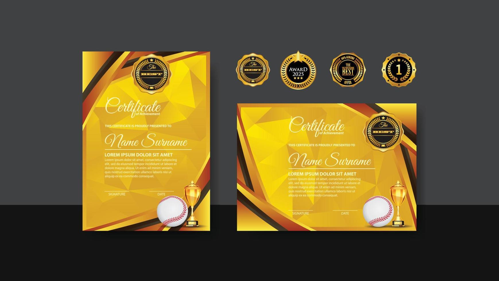 baseball certifikat design med guld cup set vektor. baseboll. sport utmärkelse mall. prestationsdesign. gradering. vinnardokument. vinnarcupen vektor