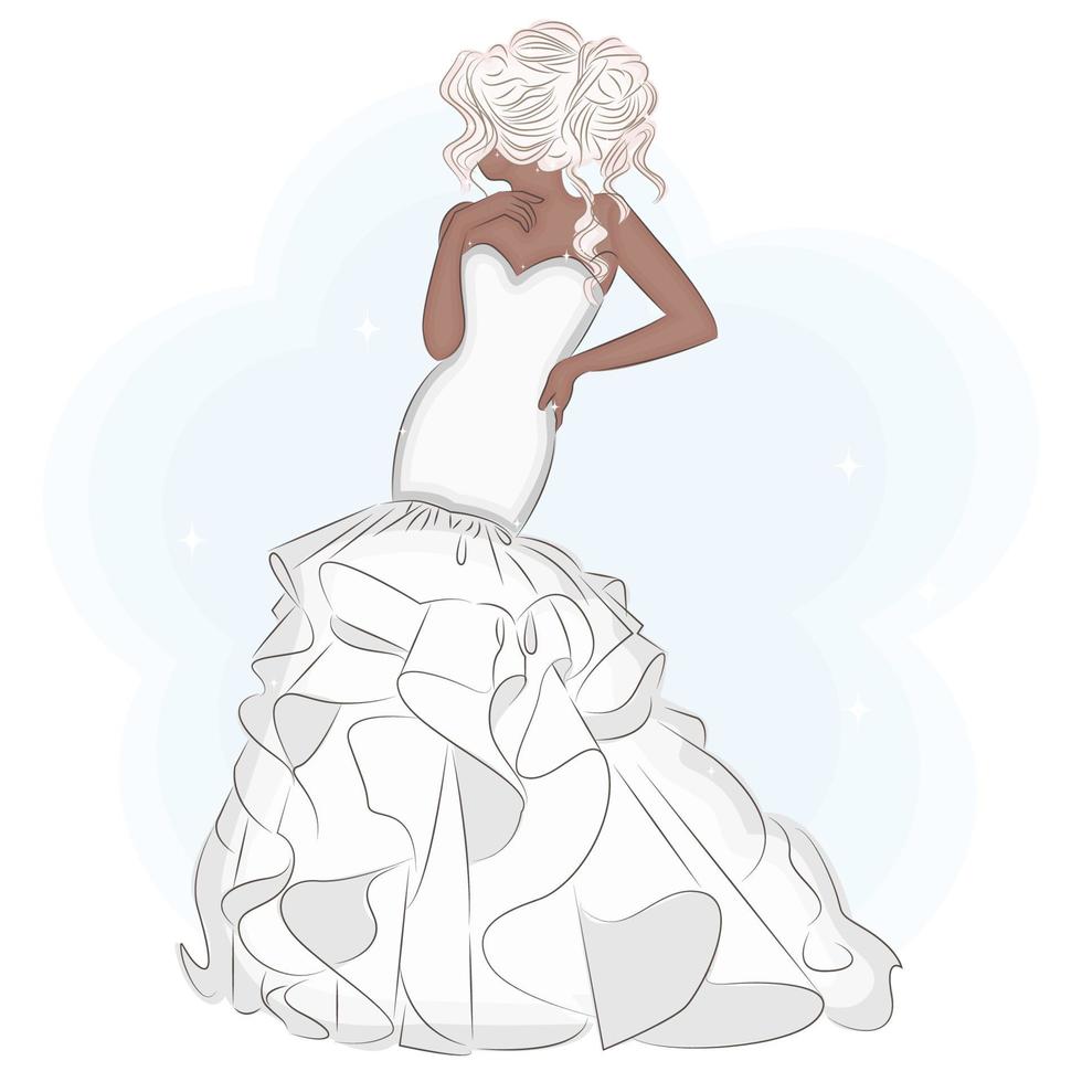 blonde braut, im fischschwanz-schattenbildkleid, hochzeitsmode-vektorillustration, druck, einladung, postkarte vektor