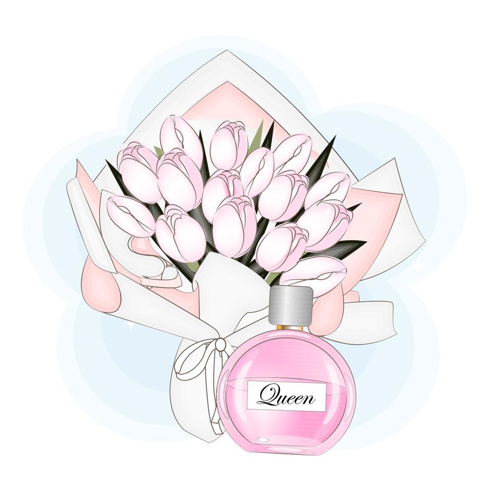 Parfüm und ein Strauß Tulpen, Modevektorillustration, Druck vektor