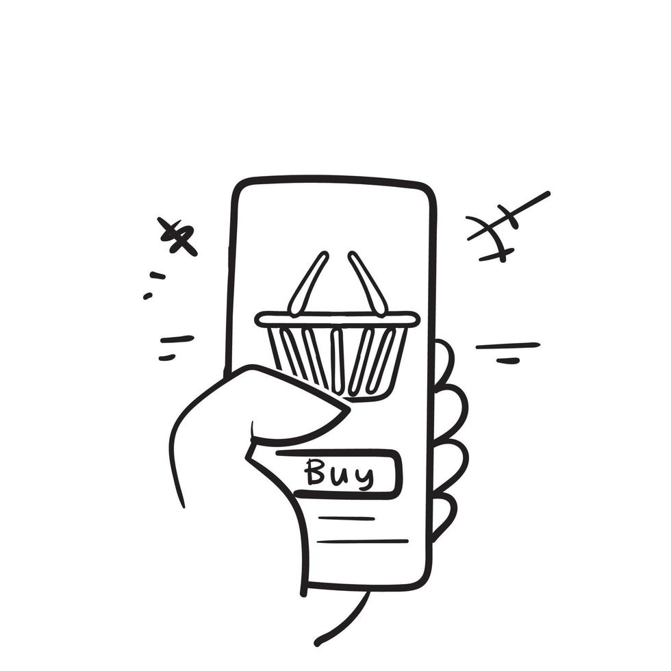 handritad doodle hand som håller telefonen med varukorg eller kundvagn illustration vektor