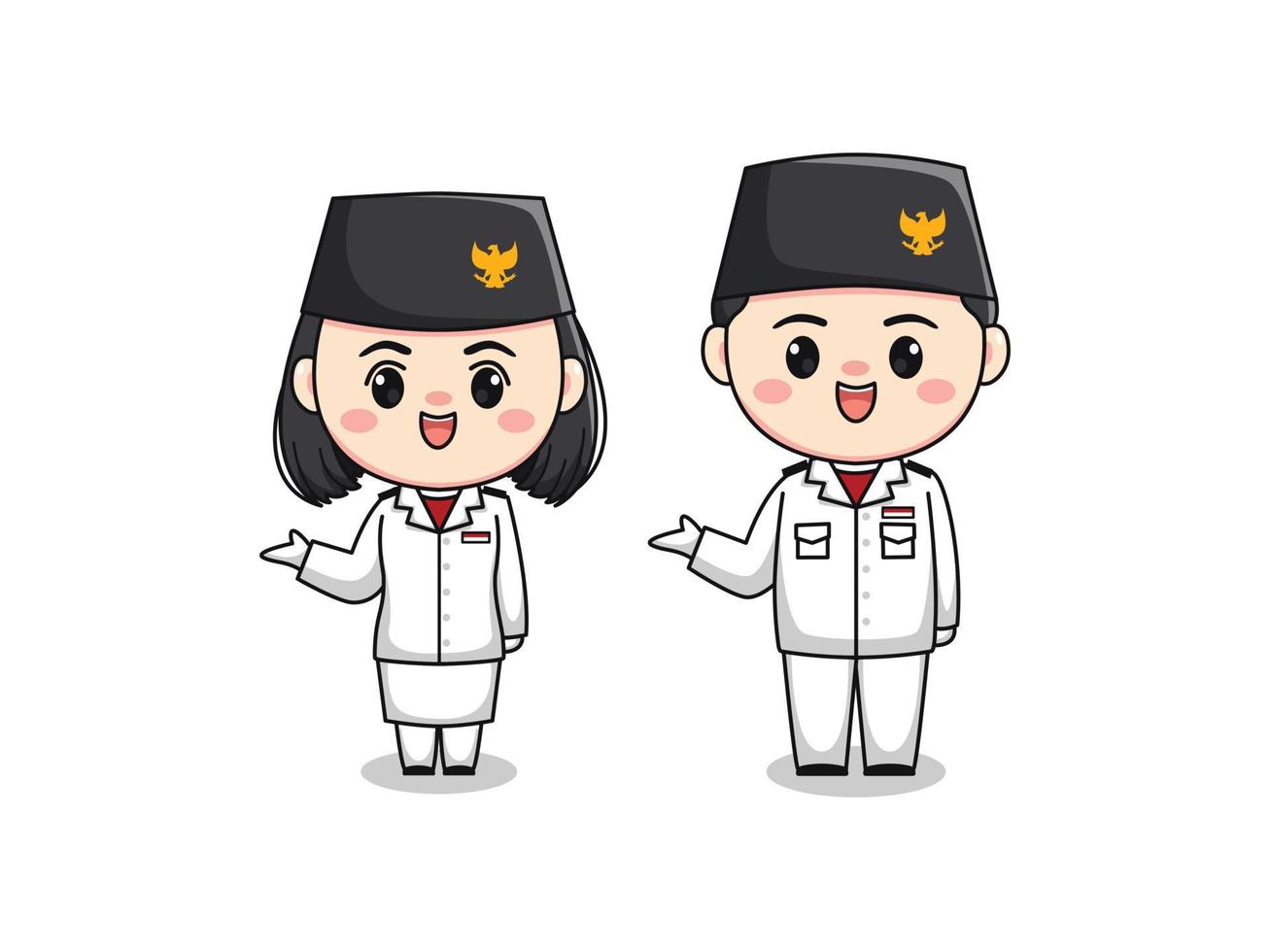 niedliche junge und mädchen charakter erbe flagge hisst truppe indonesien unabhängigkeitstag flache karikaturillustration chibi kawaii vektor