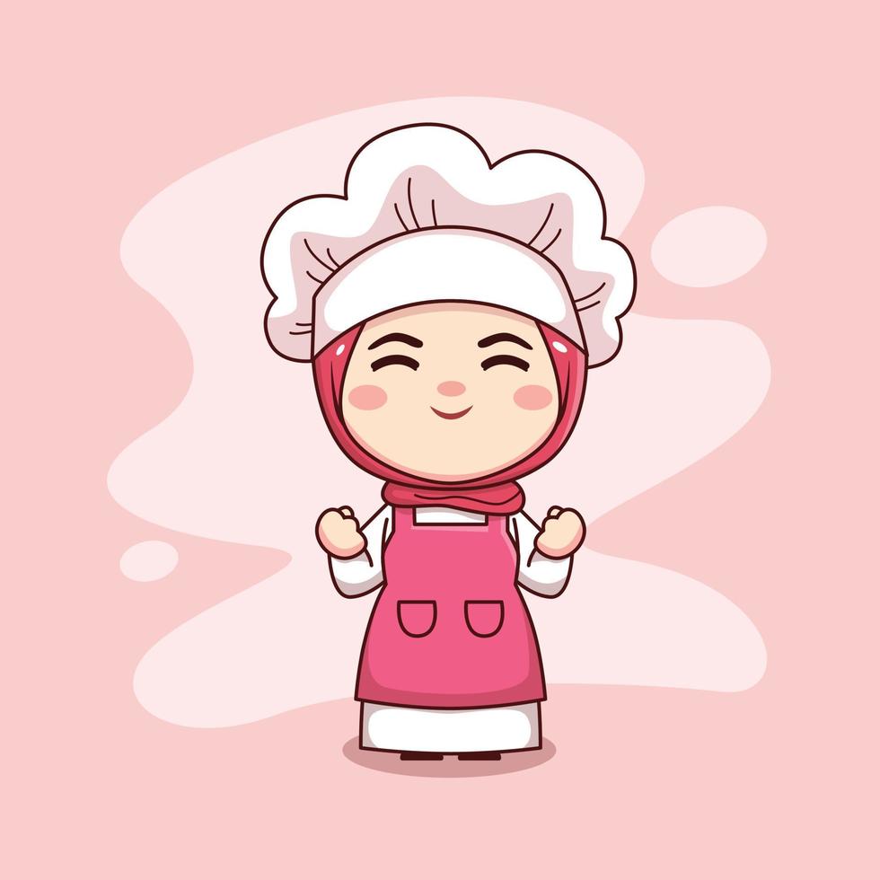 niedliche und kawaii muslimische köchin, die rosa hijab und weißes kleid trägt und glückliches cartoon chibi flaches vektorcharakterdesign fühlt vektor