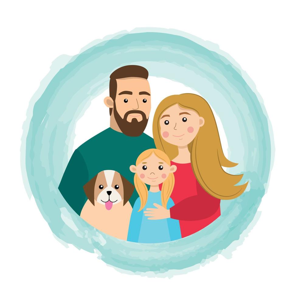 familjeporträtt far, mor, dotter och hund. vektor