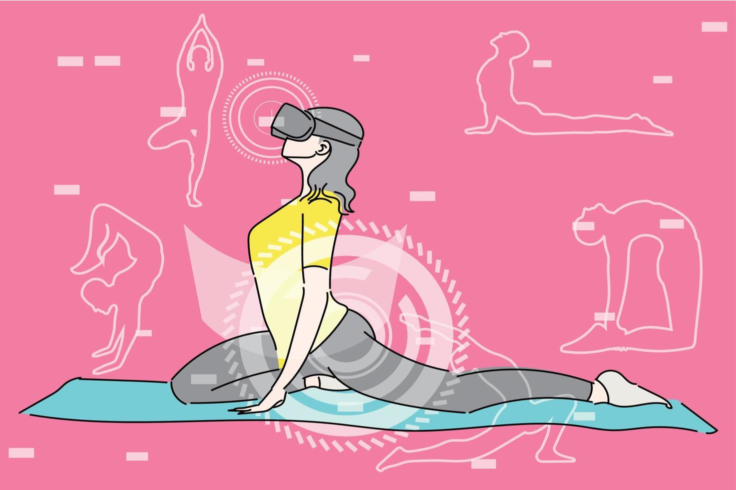 Frau, die Yoga mit virtueller Realität macht. flache Designillustration vektor