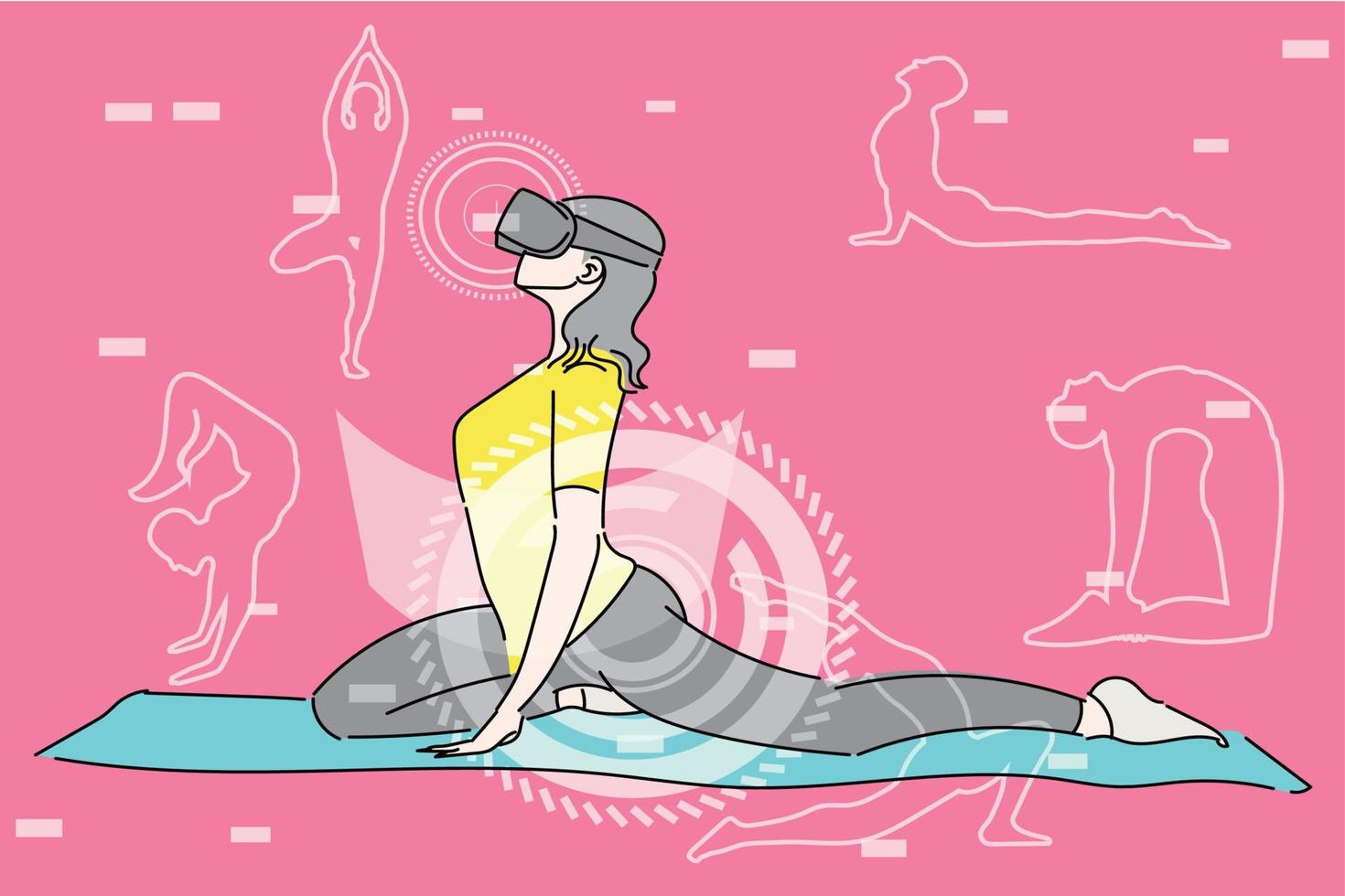 kvinna gör yoga med virtuell verklighet. platt design illustration vektor