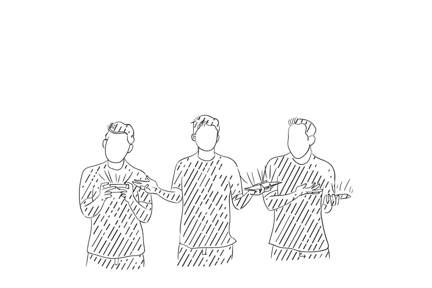 skizze von drei männlichen freunden, die zusammen smartphone spielen. Vektor-Illustration-Design vektor