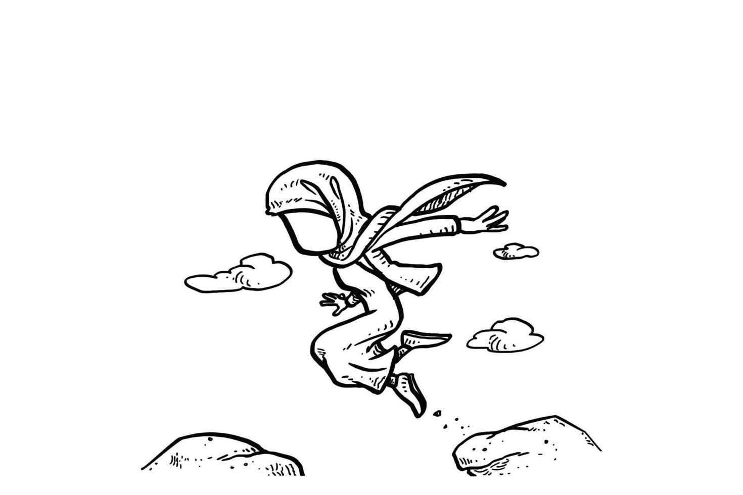 asiatische muslimische geschäftsfrau springen durch die lücke zwischen hügel., springen über klippe. Cartoon-Vektor-Illustration-Design vektor
