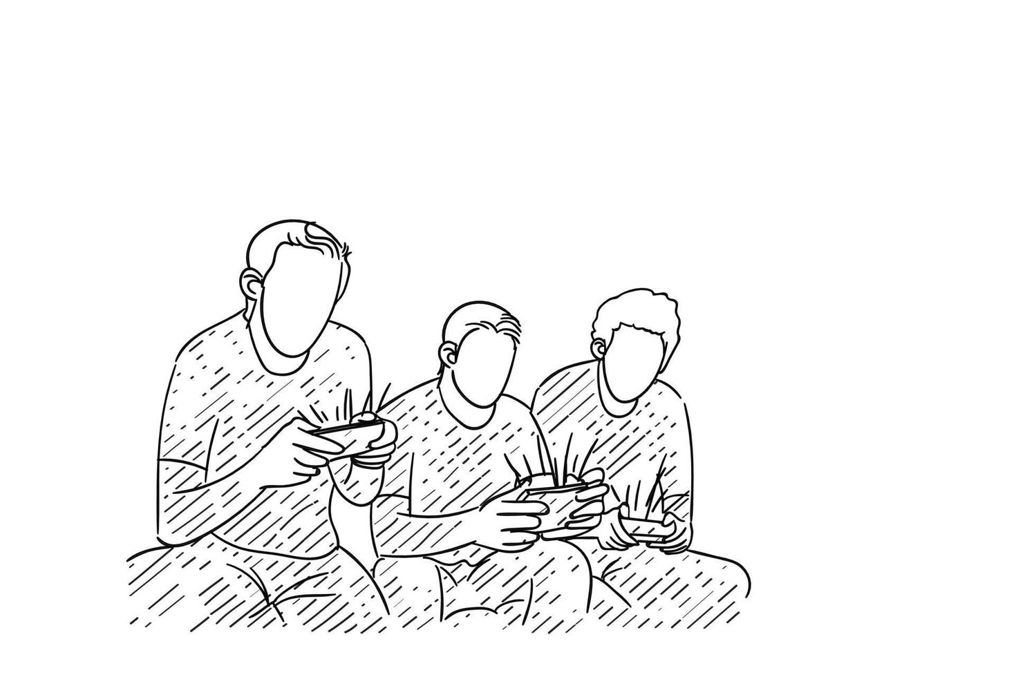 tecknad film av tre man som slappar tillsammans medan du spelar smart telefon. vektor illustration design