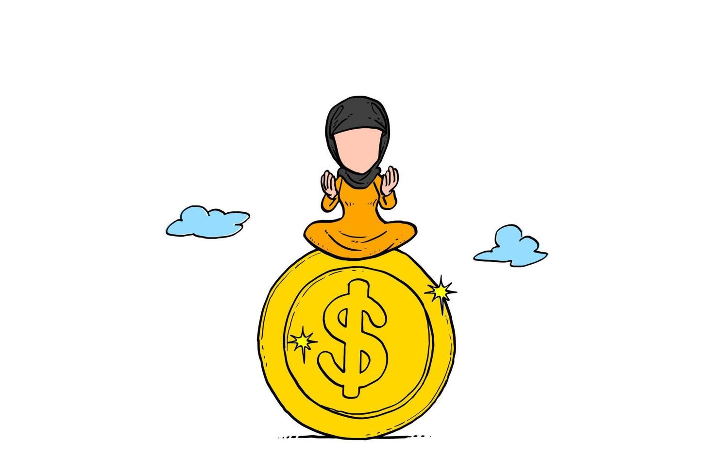 asiatisk muslimsk kvinna sitter på stora guld dollar mynt. begreppet lön och bonus. ritning vektor illustration design