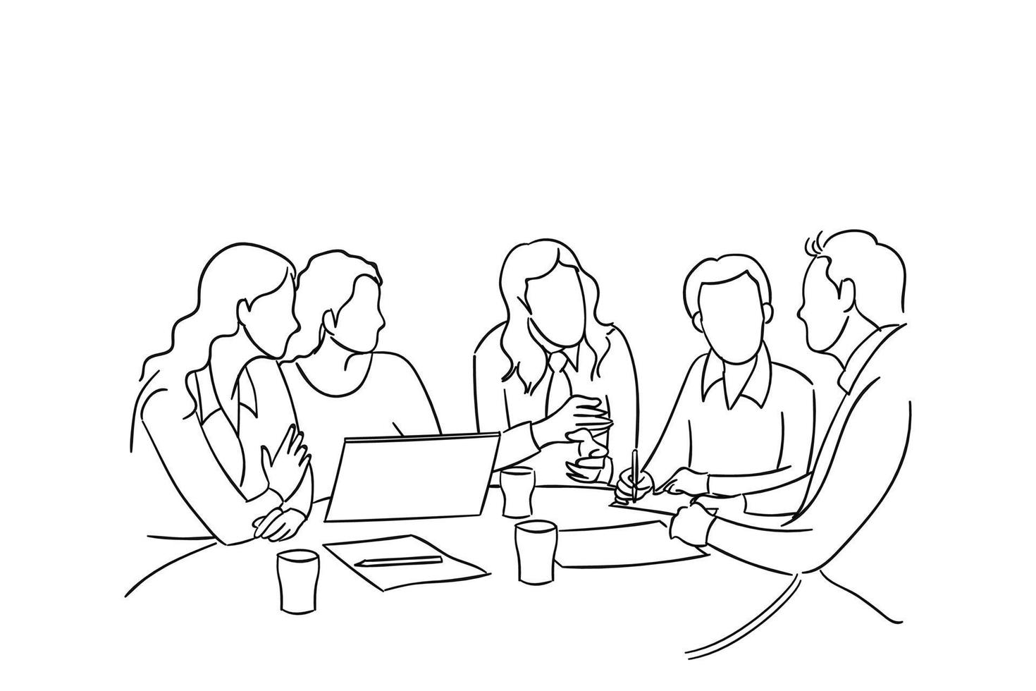 geschäftstreffen diskussion zwischen arbeitern im runden tisch des cafés. Cartoon-Vektor-Illustration. vektor