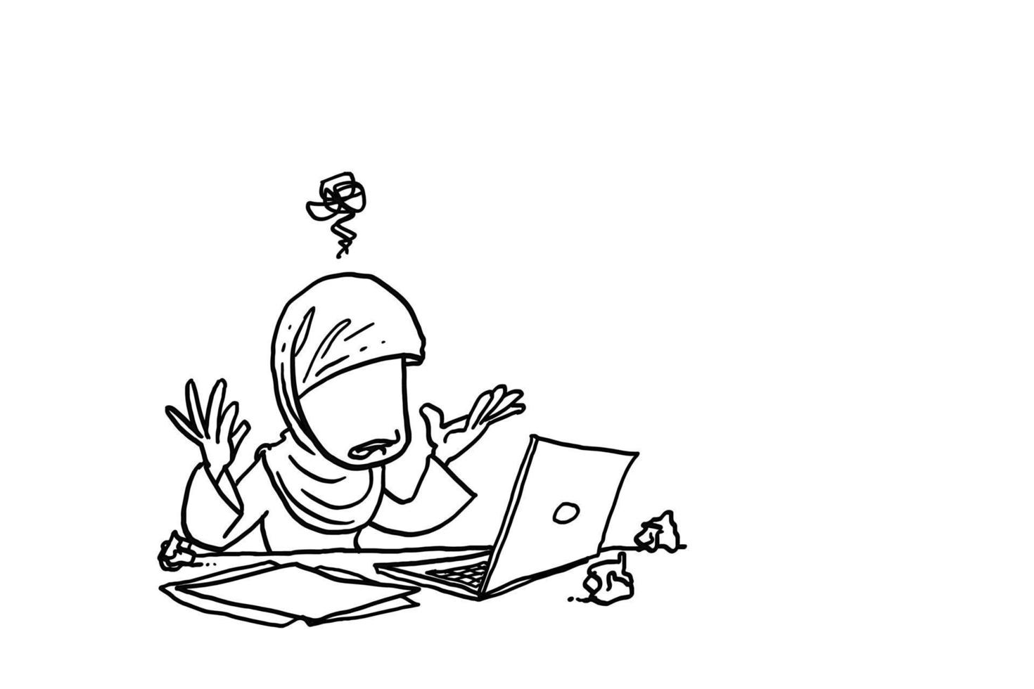 muslimsk affärskvinna irriterad eftersom laptop fel. handritad vektor illustration design.