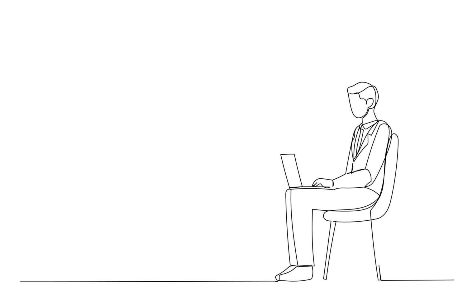 Zeichnung eines ernsthaften jungen Geschäftsmannes, der auf einem Stuhl sitzt und einen Laptop verwendet. einzeilige Abbildung vektor
